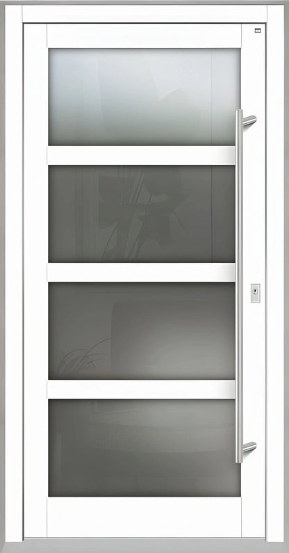 Haustür Holz mit Ganzglasfüllung und 3 waagerechten Unterteilungen in Verkehrsweiß Dreh Rechts