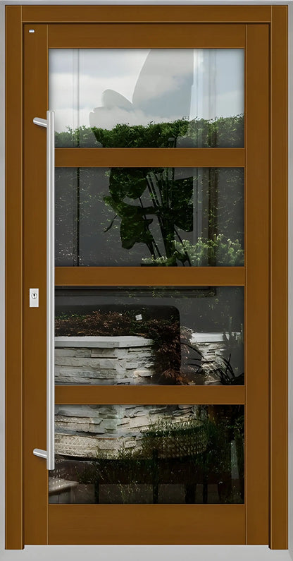 Haustür Holz mit Ganzglasfüllung und 3 waagerechten Unterteilungen in Eicheclassic Dreh Links