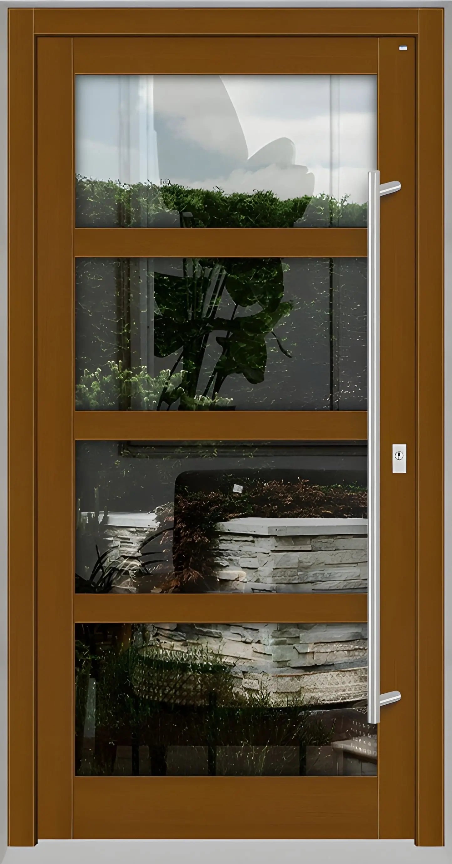 Haustür Holz mit Ganzglasfüllung und 3 waagerechten Unterteilungen in Eicheclassic Dreh Rechts