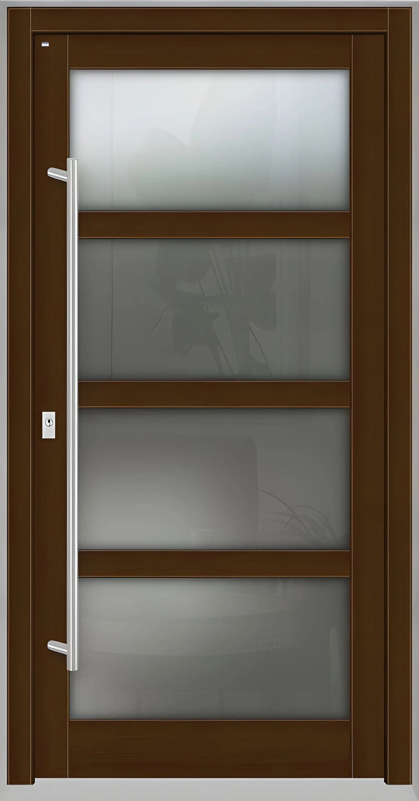 Haustür Holz mit Ganzglasfüllung und 3 waagerechten Unterteilungen in Eichedunkel Dreh Links