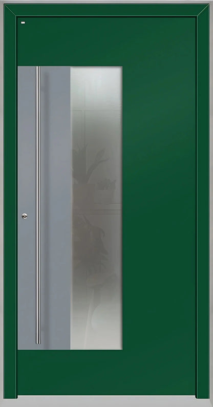 Holz Alu Haustür mit Lichtausschnitt und Applikation als Dreh Links in Farbton Moosgrün