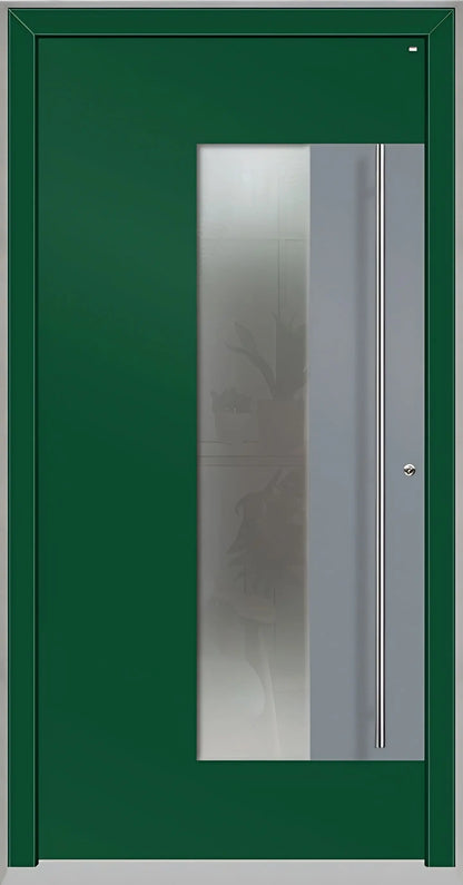 Holz Alu Haustür mit Lichtausschnitt und Applikation als Dreh Rechts in Farbton Moosgrün