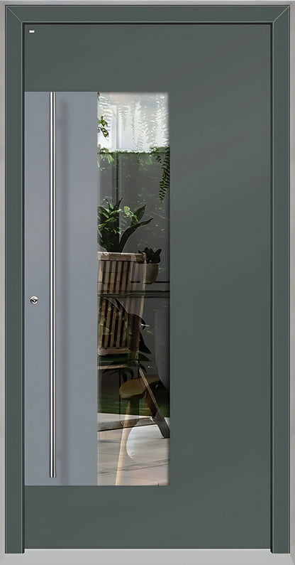 Holz Alu Haustür mit Lichtausschnitt und Applikation als Dreh Links in Farbton Basaltgrau