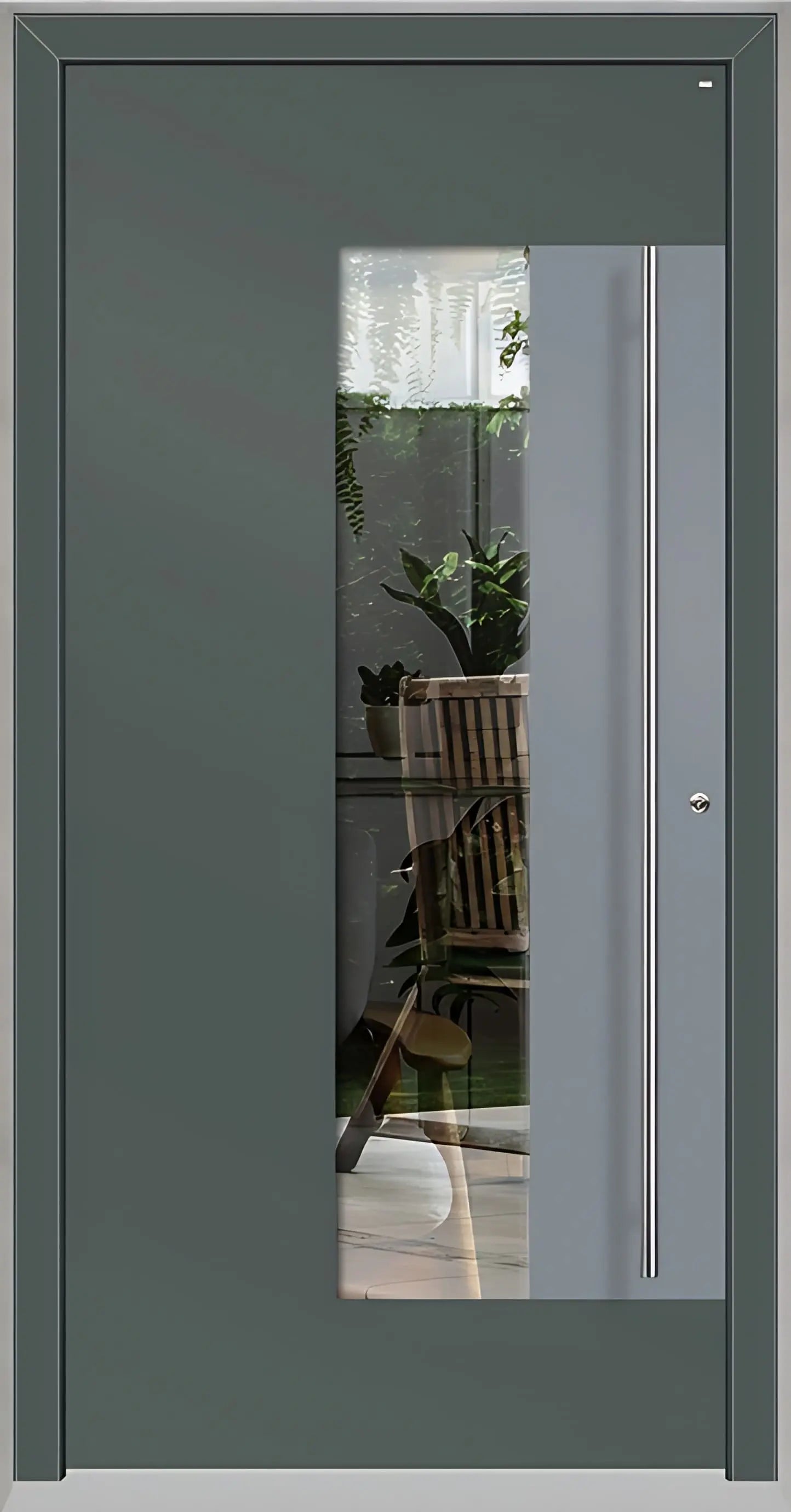 Holz Alu Haustür mit Lichtausschnitt und Applikation als Dreh Rechts in Farbton Basaltgrau
