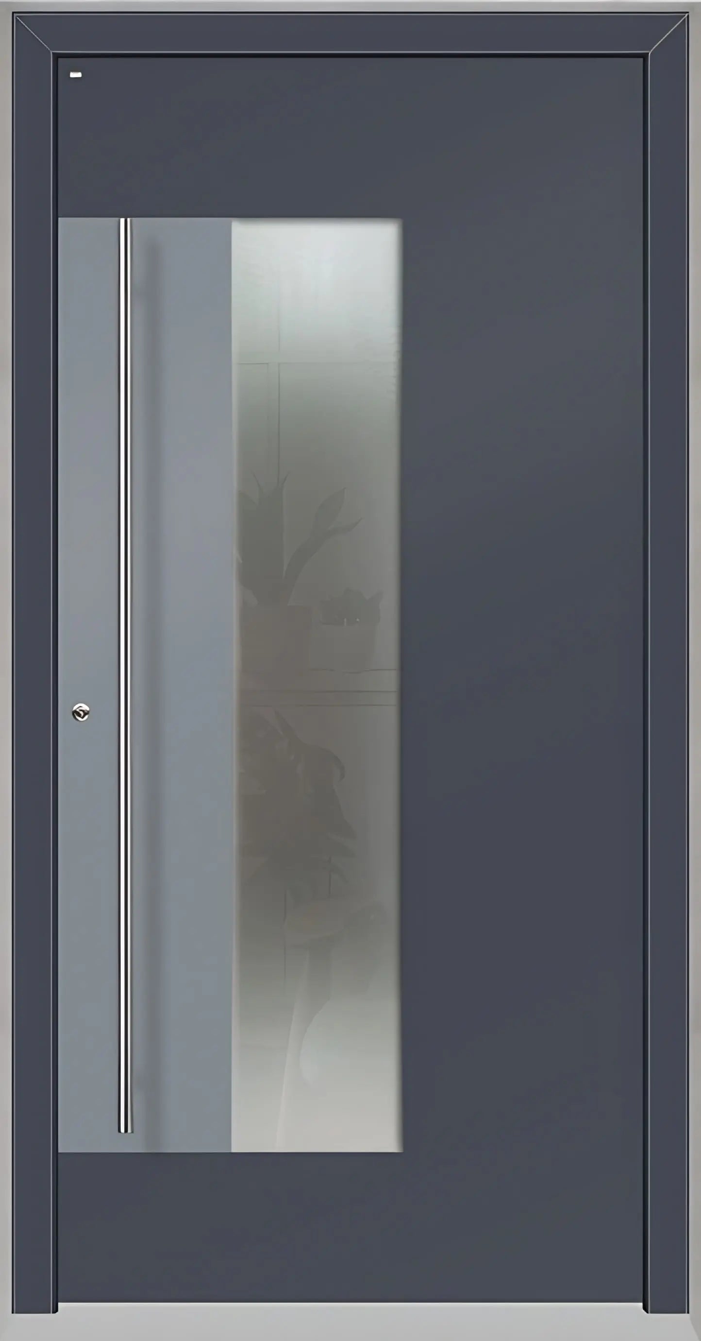 Holz Alu Haustür mit Lichtausschnitt und Applikation als Dreh Links in Farbton Schiefergrau