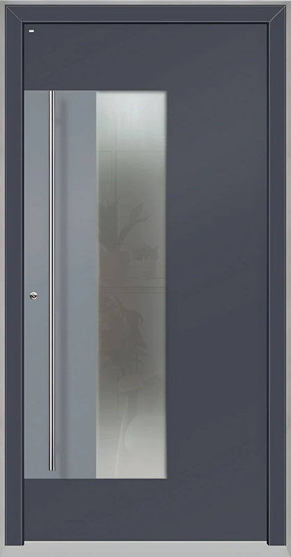 Holz Alu Haustür mit Lichtausschnitt und Applikation als Dreh Links in Farbton Schiefergrau