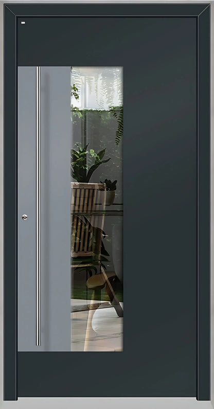 Holz Alu Haustür mit Lichtausschnitt und Applikation als Dreh Links in Farbton Anthrazitgrau