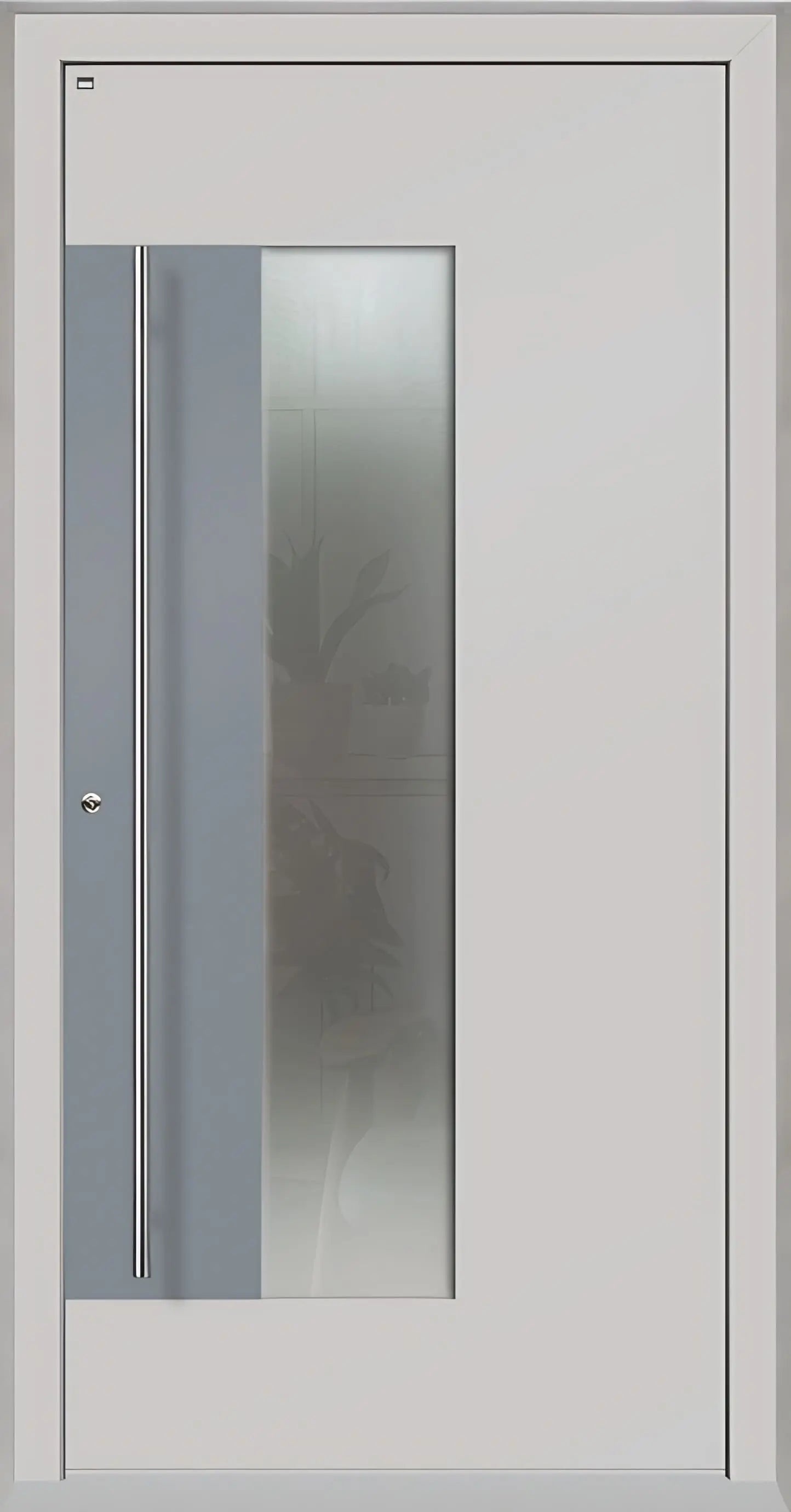 Holz Alu Haustür mit Lichtausschnitt und Applikation als Dreh Links in Farbton Lichtgrau