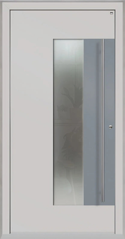 Holz Alu Haustür mit Lichtausschnitt und Applikation als Dreh Rechts in Farbton Lichtgrau