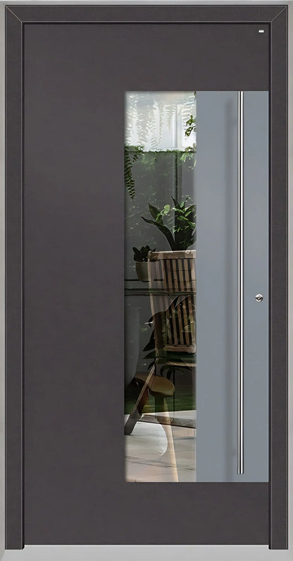 Holz Alu Haustür mit Lichtausschnitt und Applikation als Dreh Rechts in Farbton DB703