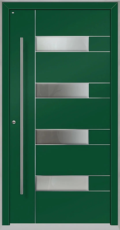 Außenansicht Holz Aluminium Haustüre Modell HA6 mit vier Lichtausschnitten und Edelstahlapplikation in Moosgrün Dreh Links