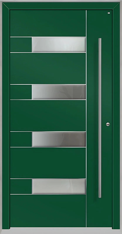 Außenansicht Holz Aluminium Haustüre Modell HA6 mit vier Lichtausschnitten und Edelstahlapplikation in Moosgrün Dreh Rechts