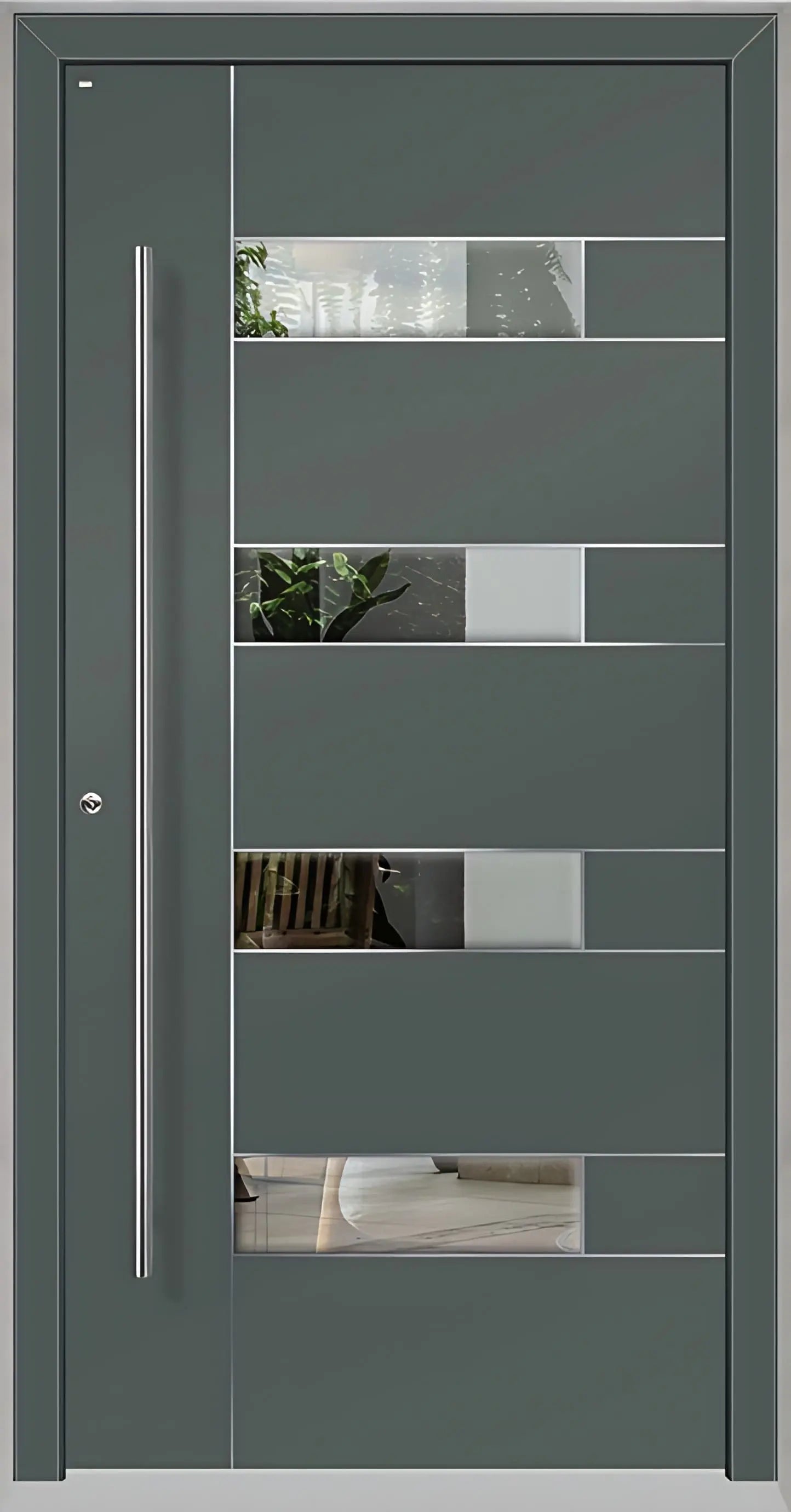 Außenansicht Holz Aluminium Haustüre Modell HA6 mit vier Lichtausschnitten und Edelstahlapplikation in Basaltgrau Dreh Links