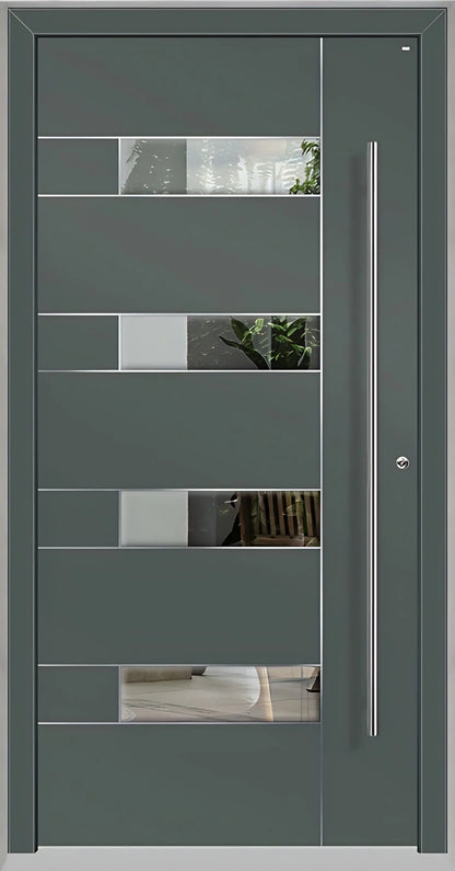 Außenansicht Holz Aluminium Haustüre Modell HA6 mit vier Lichtausschnitten und Edelstahlapplikation in Basaltgrau Dreh Rechts
