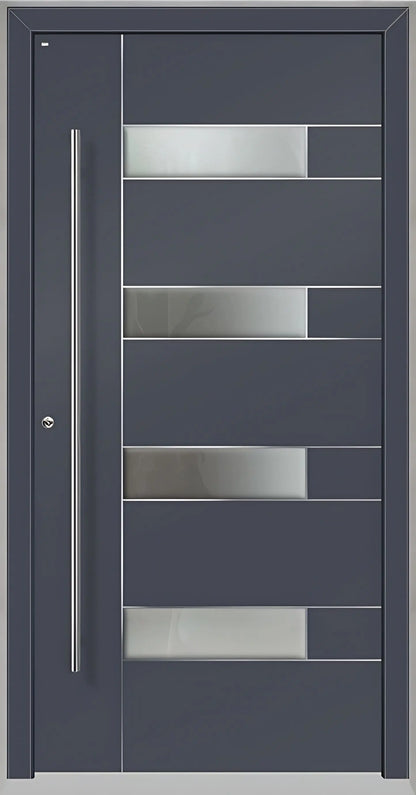 Außenansicht Holz Aluminium Haustüre Modell HA6 mit vier Lichtausschnitten und Edelstahlapplikation in Schiefergrau Dreh Links