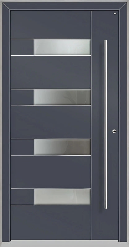 Außenansicht Holz Aluminium Haustüre Modell HA6 mit vier Lichtausschnitten und Edelstahlapplikation in Schiefergrau Dreh Rechts