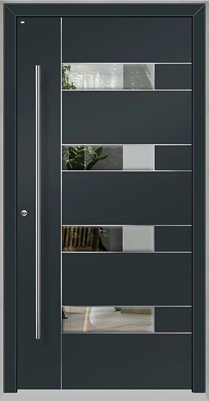 Außenansicht Holz Aluminium Haustüre Modell HA6 mit vier Lichtausschnitten und Edelstahlapplikation in Anthrazitgrau Dreh Links