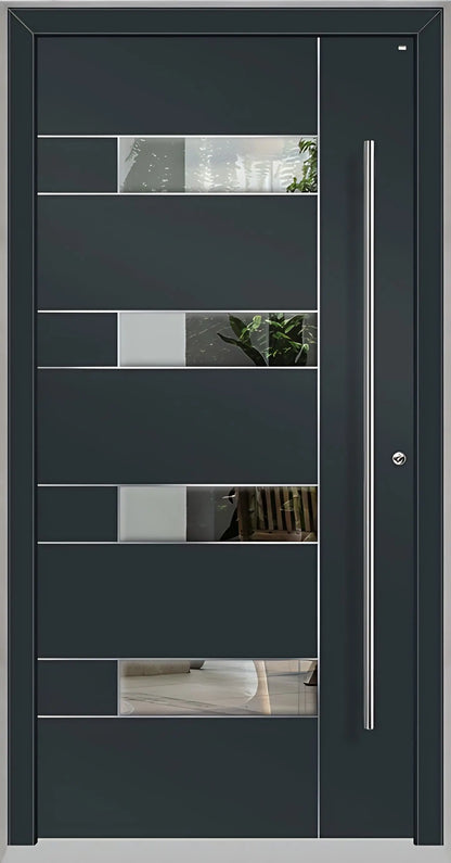 Außenansicht Holz Aluminium Haustüre Modell HA6 mit vier Lichtausschnitten und Edelstahlapplikation in Anthrazitgrau Dreh Rechts