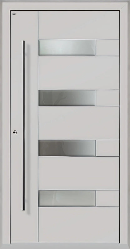 Außenansicht Holz Aluminium Haustüre Modell HA6 mit vier Lichtausschnitten und Edelstahlapplikation in Lichtgrau Dreh Links