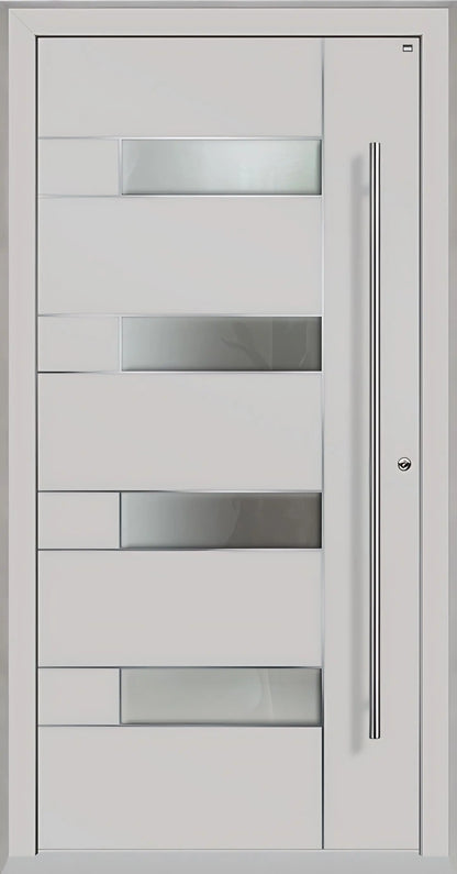 Außenansicht Holz Aluminium Haustüre Modell HA6 mit vier Lichtausschnitten und Edelstahlapplikation in Lichtgrau Dreh Rechts