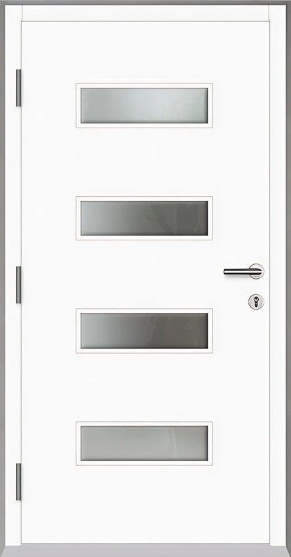 Innenansicht Holz Aluminium Haustüre Modell HA6 mit vier Lichtausschnitten und Edelstahlapplikation in weiss Dreh Links