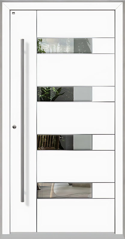 Außenansicht Holz Aluminium Haustüre Modell HA6 mit vier Lichtausschnitten und Edelstahlapplikation in Verkehrsweiß Dreh Links