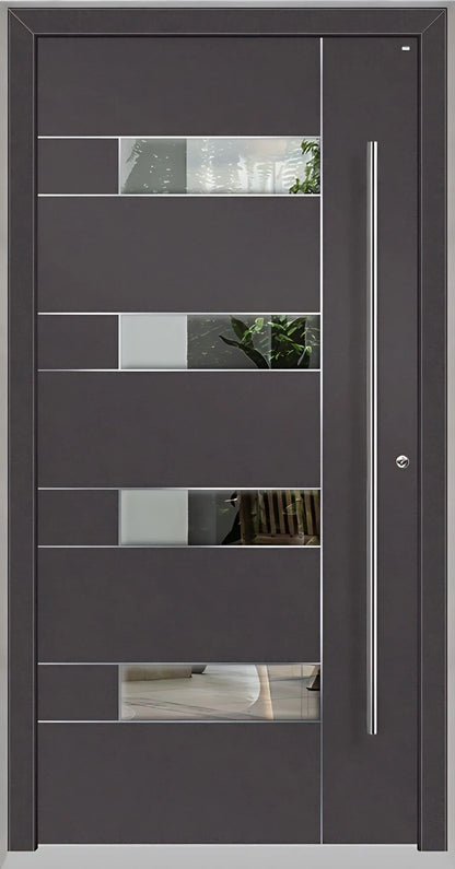 Außenansicht Holz Aluminium Haustüre Modell HA6 mit vier Lichtausschnitten und Edelstahlapplikation in DB703 Dreh Rechts