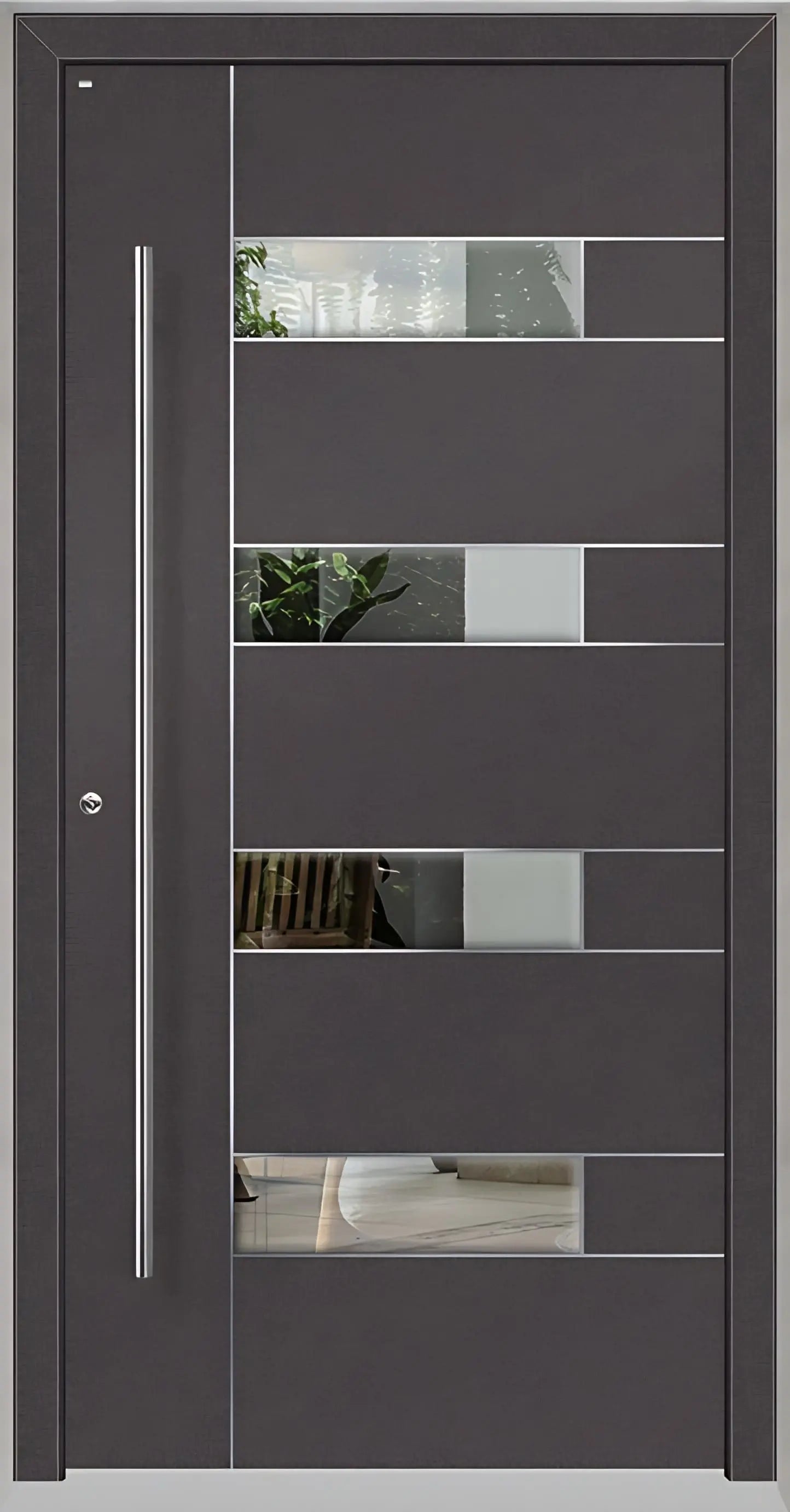 Außenansicht Holz Aluminium Haustüre Modell HA6 mit vier Lichtausschnitten und Edelstahlapplikation in DB703 Dreh Links