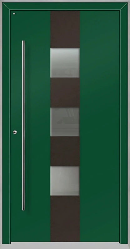 Außenansicht Holz Aluminium Haustüre Modell HA7 mit drei Lichtausschnitten in Moosgrün Dreh Links