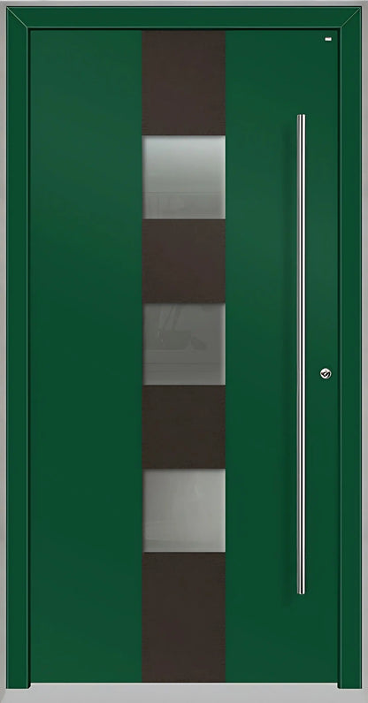 Außenansicht Holz Aluminium Haustüre Modell HA7 mit drei Lichtausschnitten in Moosgrün Dreh Rechts