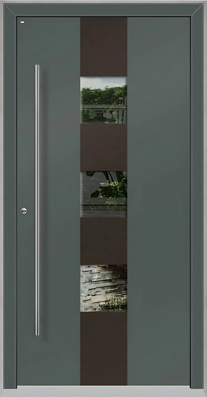 Außenansicht Holz Aluminium Haustüre Modell HA7 mit drei Lichtausschnitten in Basaltgrau Dreh Links