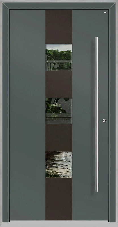 Außenansicht Holz Aluminium Haustüre Modell HA7 mit drei Lichtausschnitten in Basaltgrau Dreh Rechts