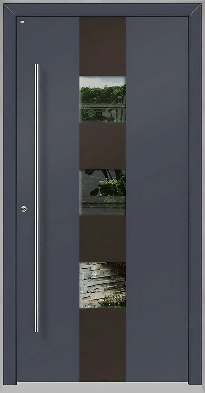 Außenansicht Holz Aluminium Haustüre Modell HA7 mit drei Lichtausschnitten in Schiefergrau Dreh Links