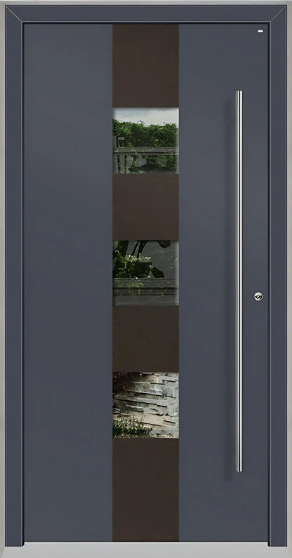 Außenansicht Holz Aluminium Haustüre Modell HA7 mit drei Lichtausschnitten in Schiefergrau Dreh Rechts
