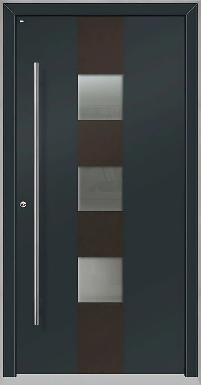 Außenansicht Holz Aluminium Haustüre Modell HA7 mit drei Lichtausschnitten in Anthrazitgrau Dreh Links