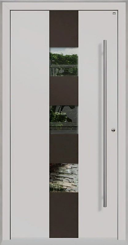 Außenansicht Holz Aluminium Haustüre Modell HA7 mit drei Lichtausschnitten in Lichtgrau Dreh Rechts