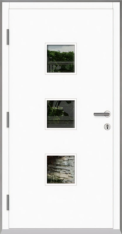Innenansicht Holz Aluminium Haustüre Modell HA7 mit drei Lichtausschnitten in weiss Dreh Links