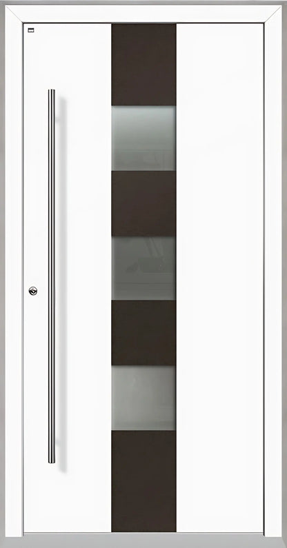 Außenansicht Holz Aluminium Haustüre Modell HA7 mit drei Lichtausschnitten in Verkehrsweiß Dreh Links