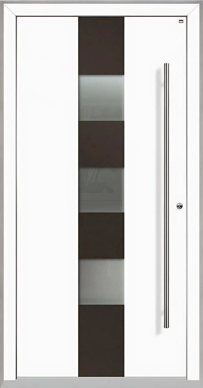 Außenansicht Holz Aluminium Haustüre Modell HA7 mit drei Lichtausschnitten in Verkehrsweiß Dreh Rechts