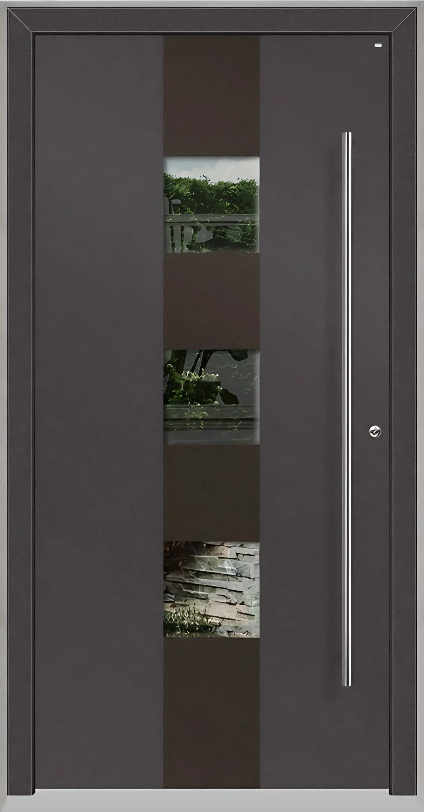 Außenansicht Holz Aluminium Haustüre Modell HA7 mit drei Lichtausschnitten in DB703 Dreh Rechts