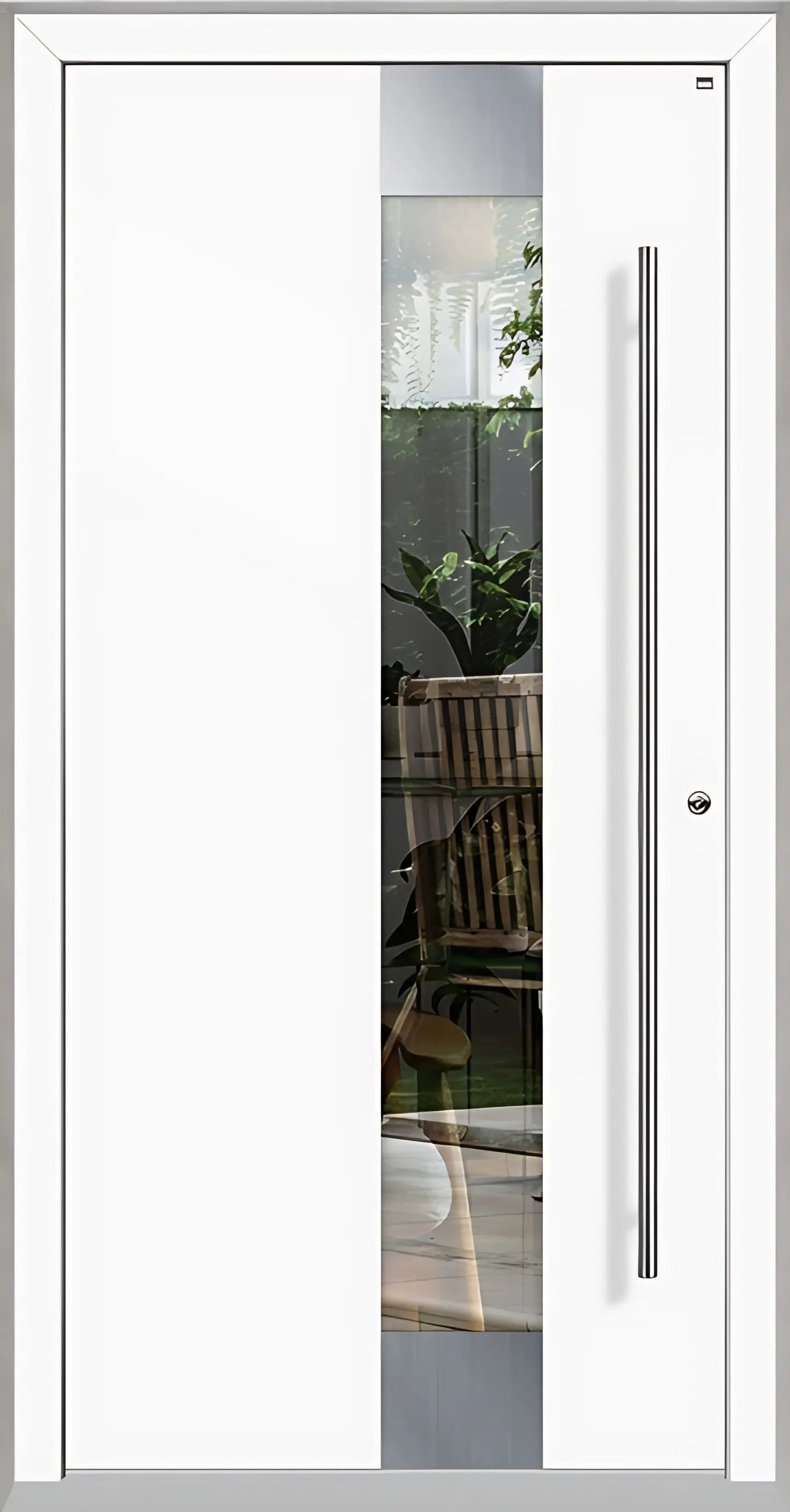 Holz Alu Haustür mit Lichtausschnitt in Verkehrsweiß als Dreh Rechts