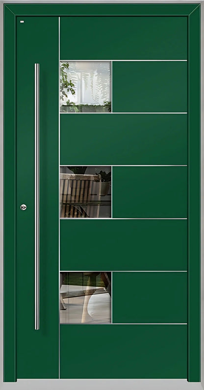 Außenansicht einer Holz Aluminium Haustüre Modell HA5 mit Lichtausschnitt und Edelstahlapplikation in Moosgrün Dreh Links