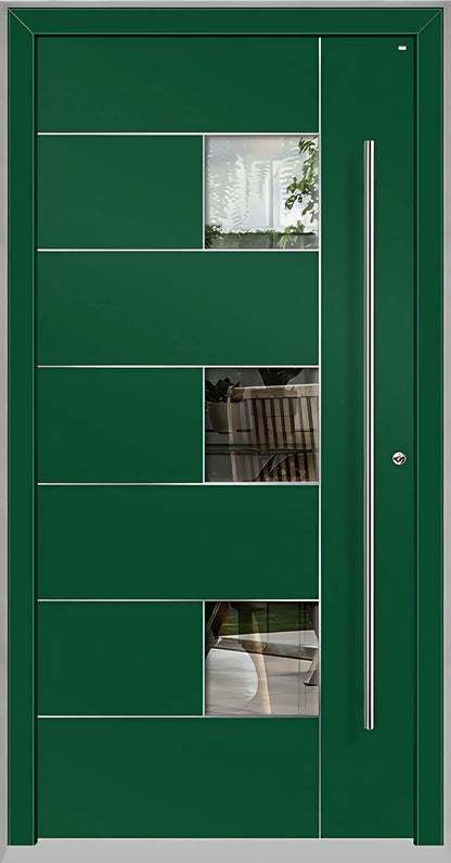 Außenansicht einer Holz Aluminium Haustüre Modell HA5 mit Lichtausschnitt und Edelstahlapplikation in Moosgrün Dreh Rechts