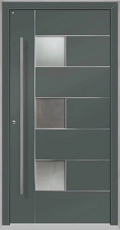 Außenansicht einer Holz Aluminium Haustüre Modell HA5 mit Lichtausschnitt und Edelstahlapplikation in Basaltgrau Dreh Links