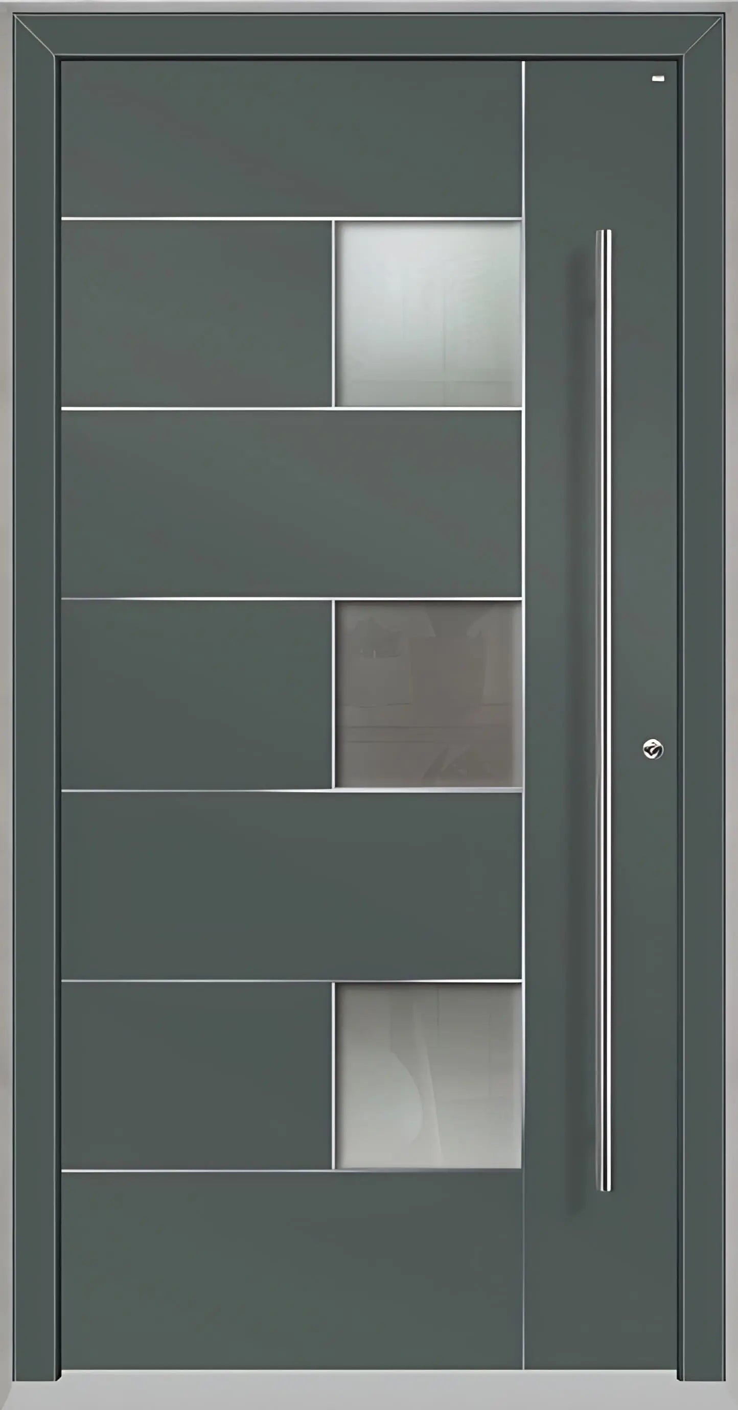 Außenansicht einer Holz Aluminium Haustüre Modell HA5 mit Lichtausschnitt und Edelstahlapplikation in Basaltgrau Dreh Rechts