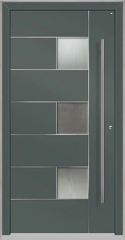 Außenansicht einer Holz Aluminium Haustüre Modell HA5 mit Lichtausschnitt und Edelstahlapplikation in Basaltgrau Dreh Rechts