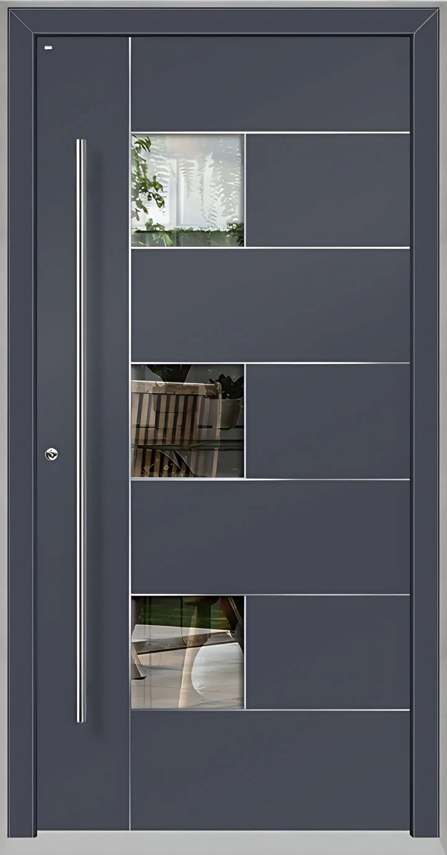 Außenansicht einer Holz Aluminium Haustüre Modell HA5 mit Lichtausschnitt und Edelstahlapplikation in Schiefergrau Dreh Links