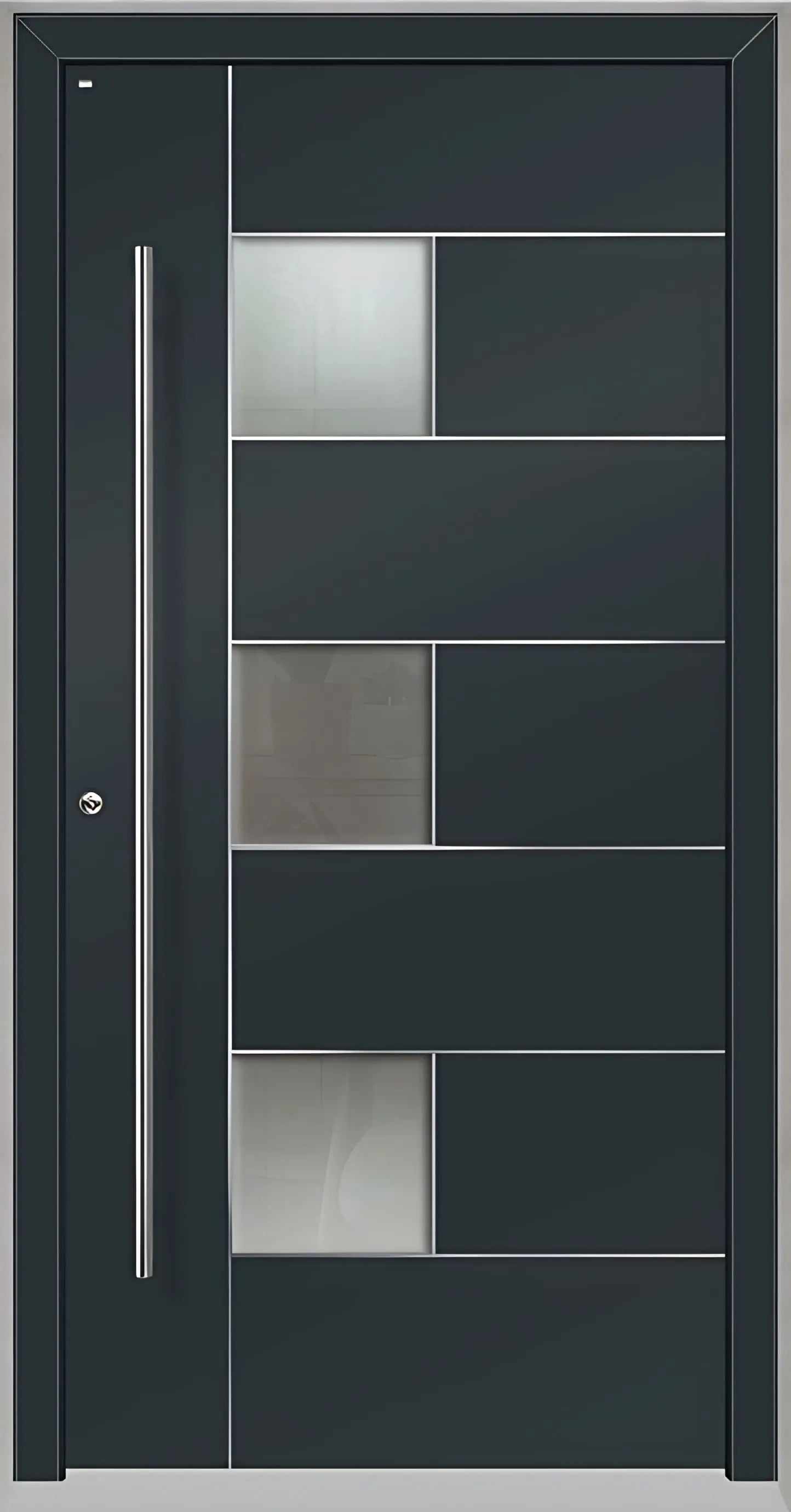 Außenansicht einer Holz Aluminium Haustüre Modell HA5 mit Lichtausschnitt und Edelstahlapplikation in Anthrazitgrau Dreh Links