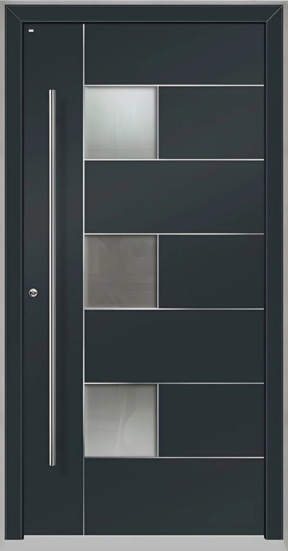 Außenansicht einer Holz Aluminium Haustüre Modell HA5 mit Lichtausschnitt und Edelstahlapplikation in Anthrazitgrau Dreh Links