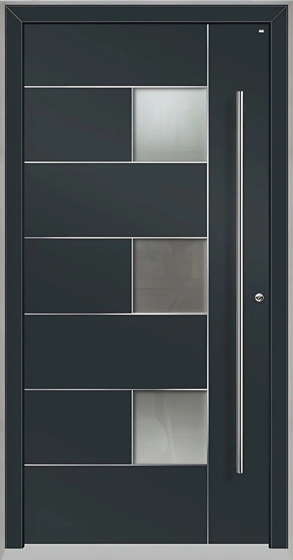 Außenansicht einer Holz Aluminium Haustüre Modell HA5 mit Lichtausschnitt und Edelstahlapplikation in Anthrazitgrau Dreh Rechts